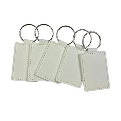 Engravable Faux Leather Keyring - White - Square