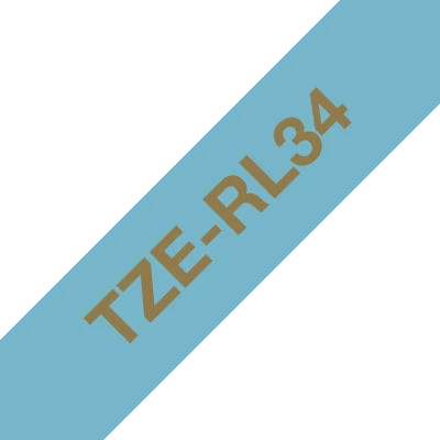 Brother Original TZe-RL34 Satin Ribbon &ndash; Gold on Light Blue, 12mm Wide